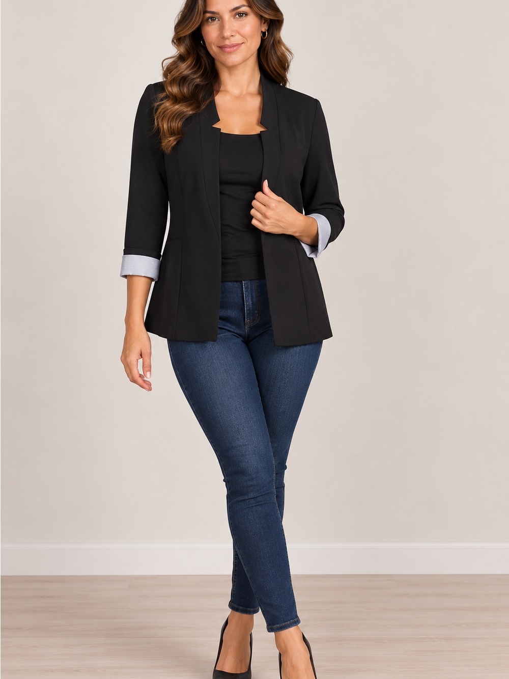 Kensie Black Open-Front Blazer with Contrast Cuffs